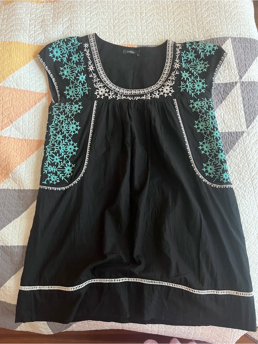Black Embroidered Mexican Style Cap-Sleeve Dress